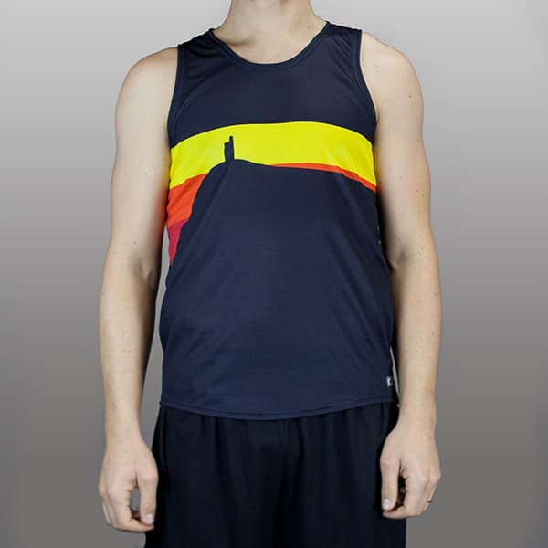 torso of man wearing a black and yellow running singlet