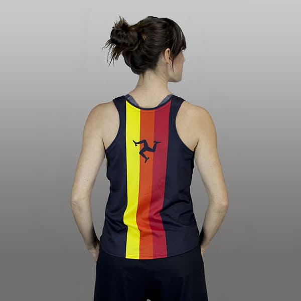 back of woman wearing a black, red and yellow running singlet
