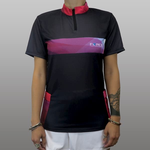 woman wearing a black and pink trekking jersey