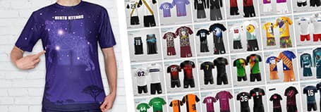 grid of designs and person wearing a purple sublimated jersey pointing at it