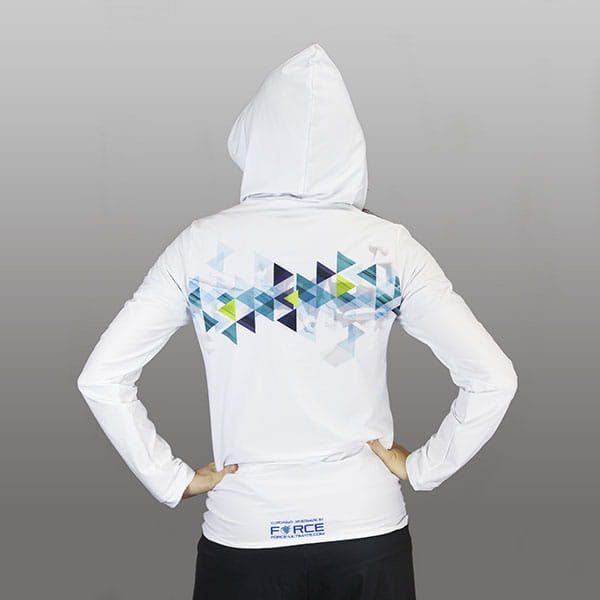 back of woman wearing a white hoodie