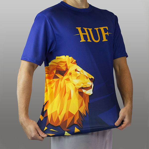 thumbnail torso of man wearing a blue seamless jersey with golden lion
