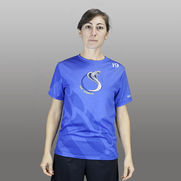woman wearing a blue sublimated jersey