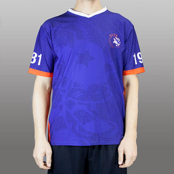 thumbnail torso of man wearing a purple sublimated jersey with v collar