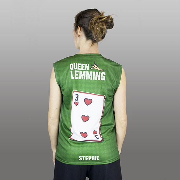 back of woman wearing a green sleeveless jersey