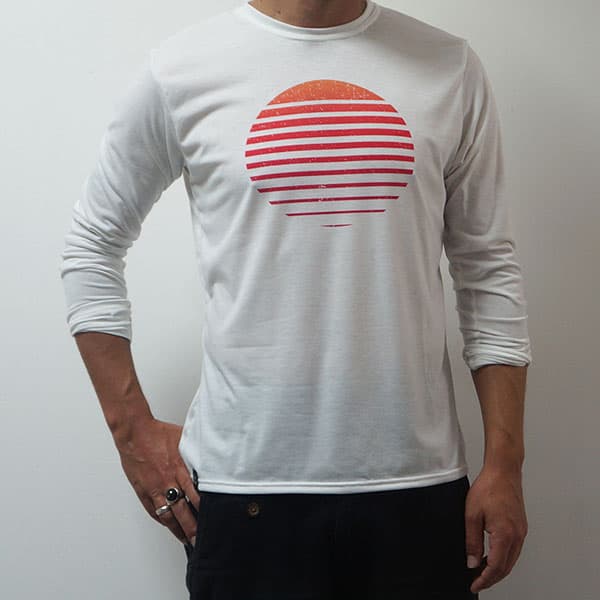 torso of man wearing a white sublimated long sleeved t-shirt