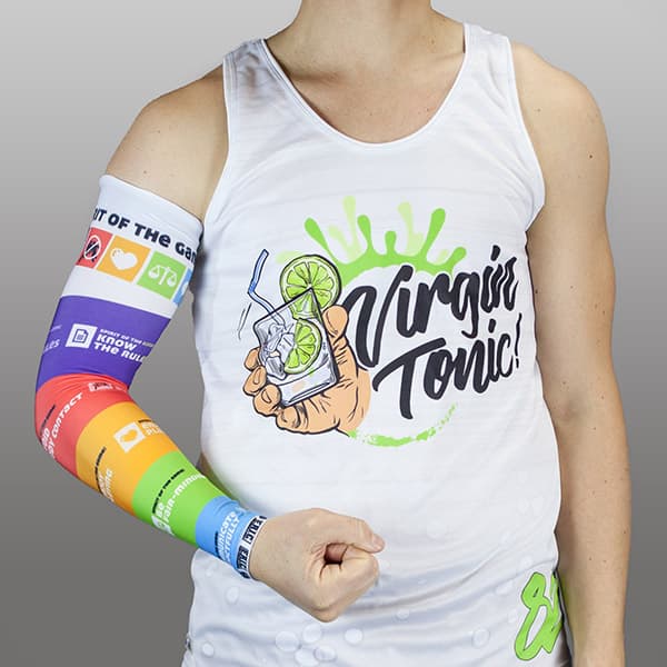 thumbnail torso of man wearing a rainbow couloured compresion sleeve and a white tank top