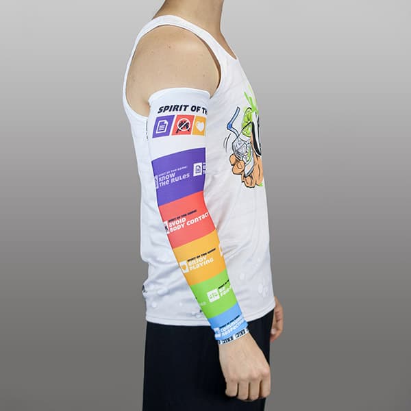 thumbnail side view of torso of man wearing a rainbow couloured compresion sleeve and a white tank top