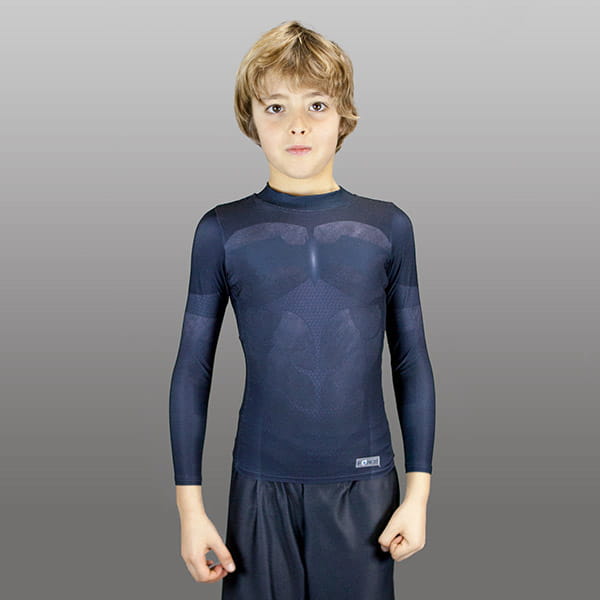 thumbnail blond kid wearing a black armored compression top with long sleeves