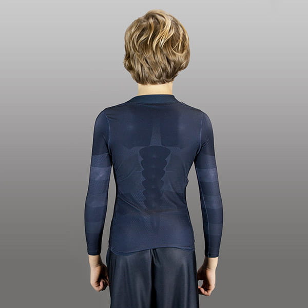 back of blond kid wearing a black armored compression top with long sleeves