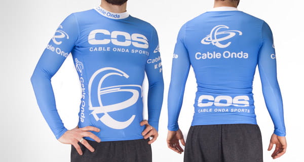 back and front of man wearing a light blue compression top with long sleeves
