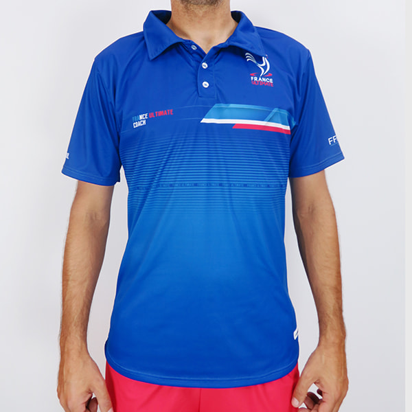 thumbnail torso of man wearing a blue france ultimate polo shirt