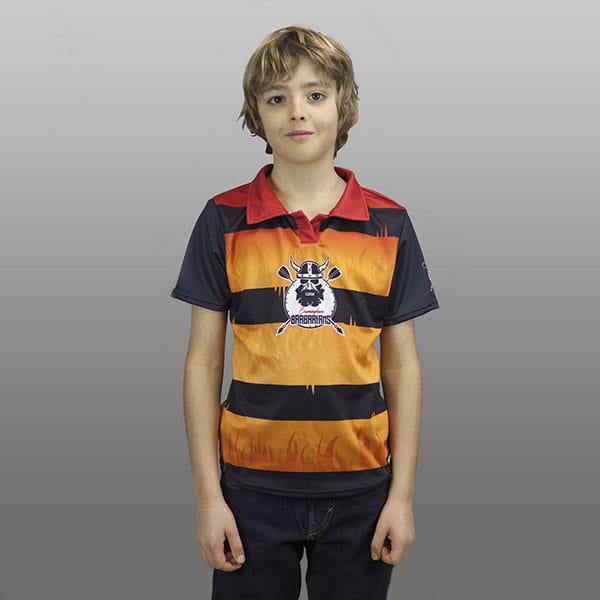 blond kid smiling wearing a orange and black sublimated polo shirt