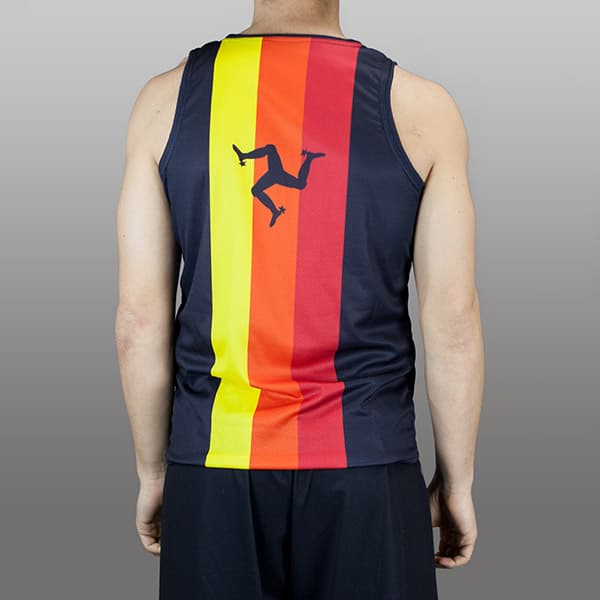 back of man wearing a black, red and yellow running singlet