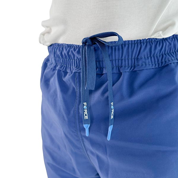 close-up view of the waist cord of a blue sublimated sports trousers