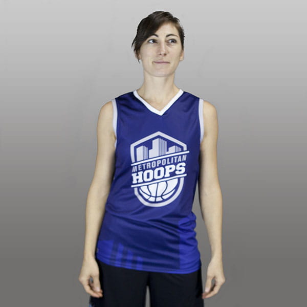 woman wearing a blue basketball jersey