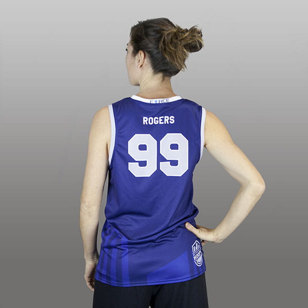 back of woman wearing a blue basketball jersey