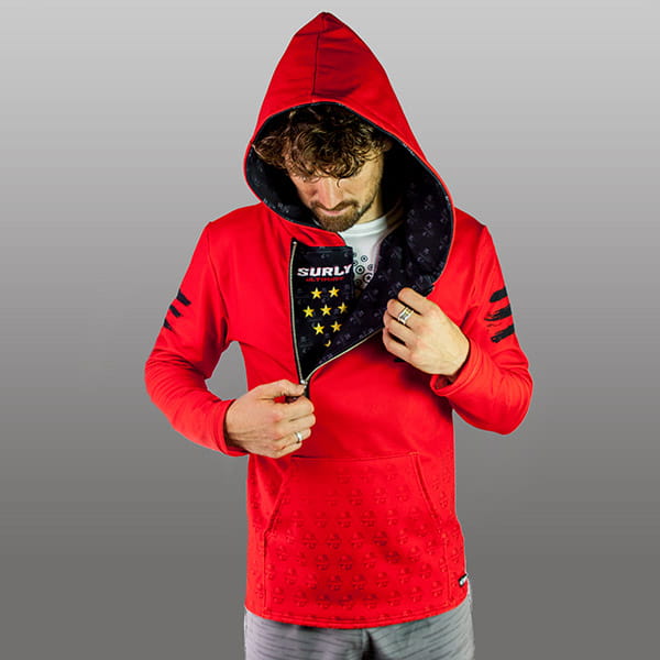 back of man wearing a red sublimated hoodie