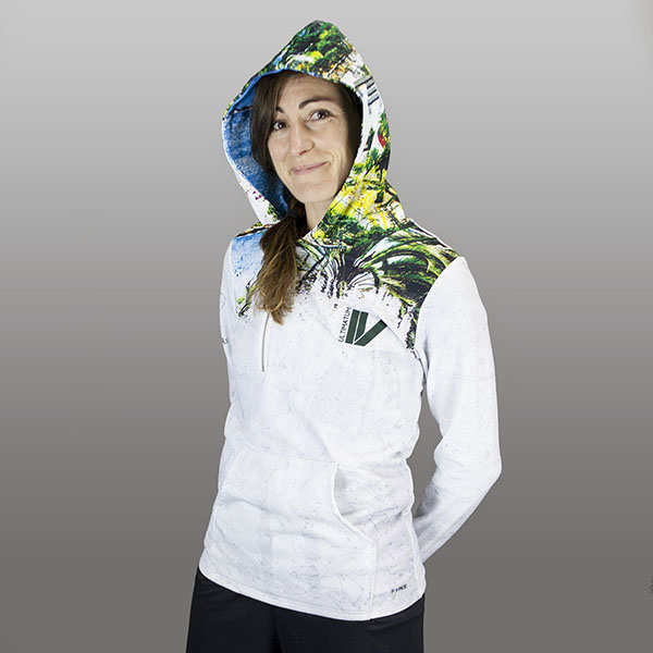 woman wearing a white sublimated hoodie with hood up