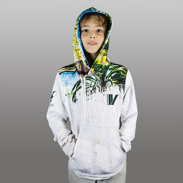 kid wearing a white sublimated hoodie with hood up