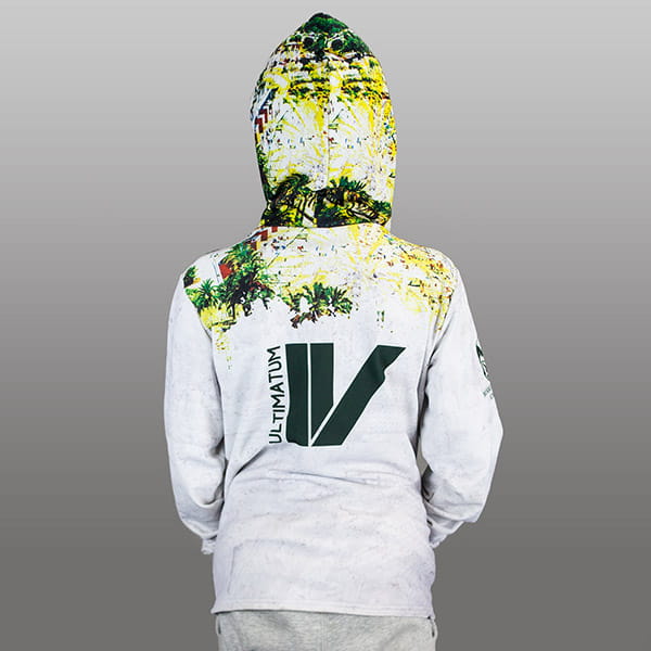 back of kid wearing a white sublimated hoodie with hood up