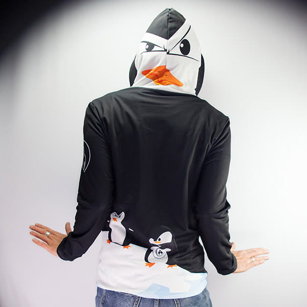 back of person wearing a pinguin hoodie