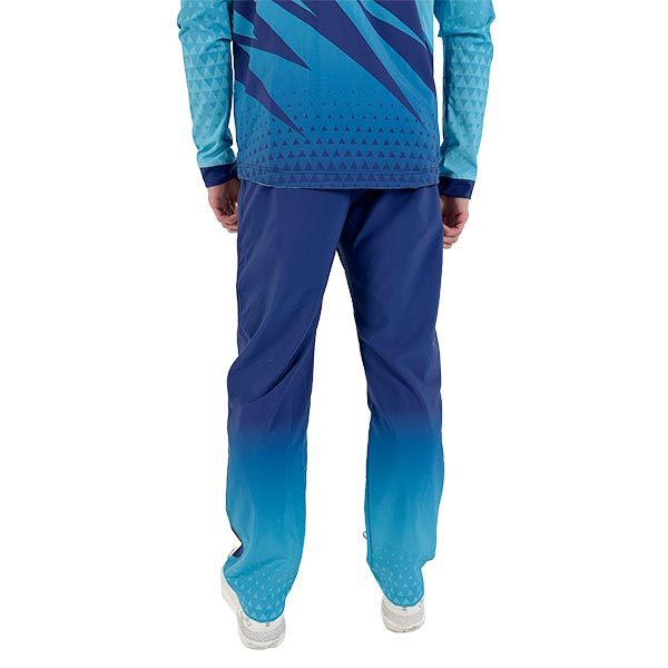 rear view of a  blue sublimated sports trousers