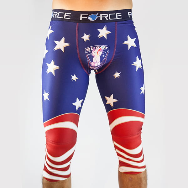 front view of man legs wearing blue and red american tights with force belt