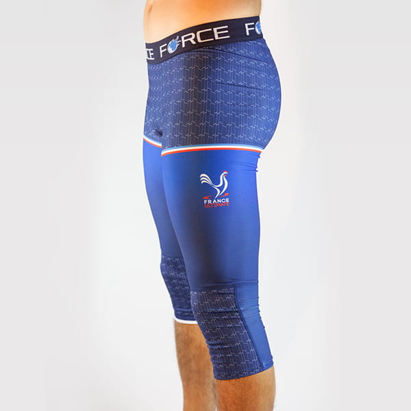 right side view of man legs wearing blue tights with force belt