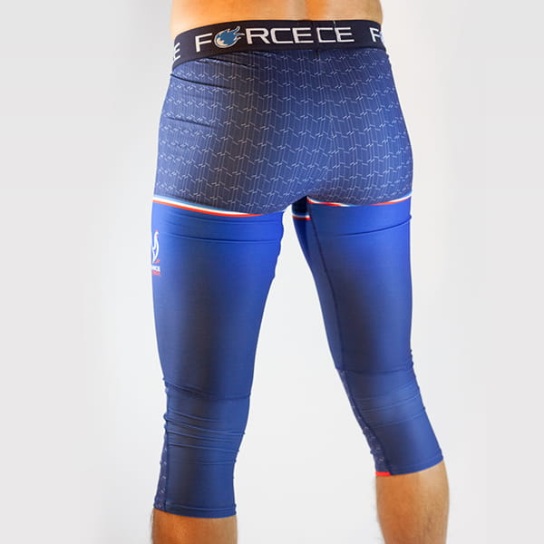 thumbnail rear view of man legs wearing blue tights with force belt