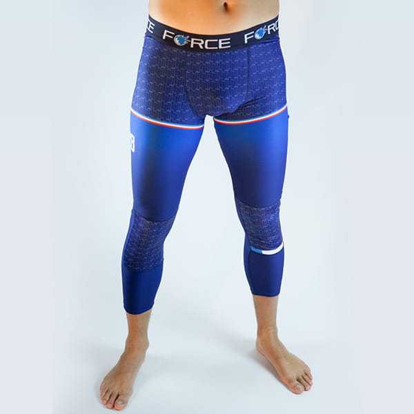 front view of man legs wearing long blue tights with force belt