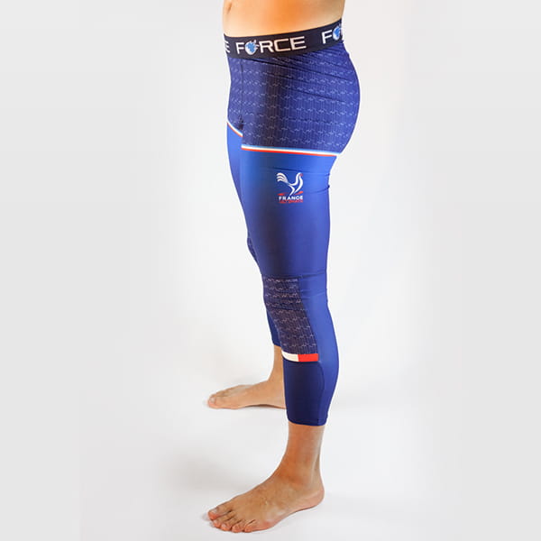 left side view of man legs wearing long blue tights with force belt
