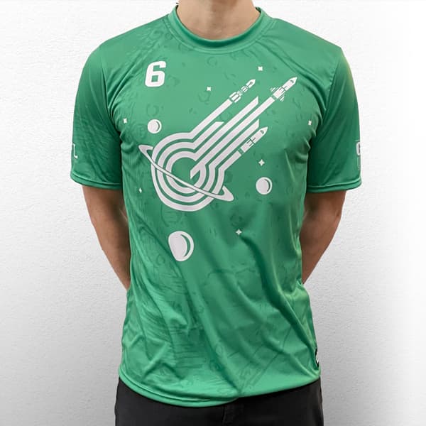 torso of man wearing a green fitted sport jersey