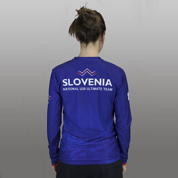 back of woman wearing a blue sublimated jersey with long sleeves