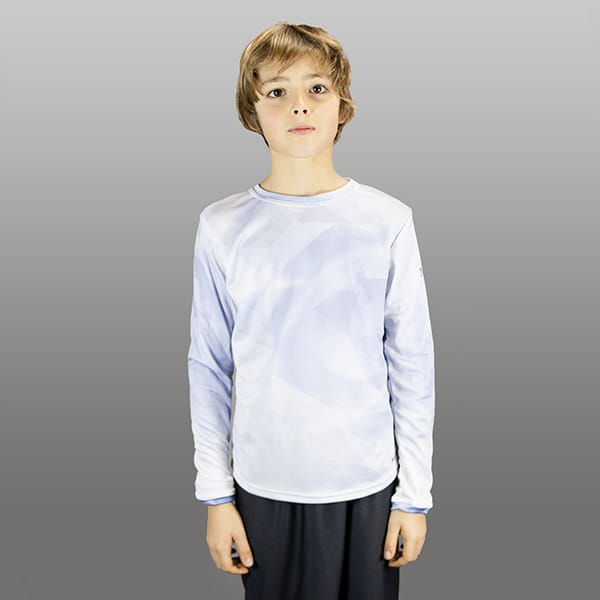 blond kid wearing a white sport jersey with long sleeves
