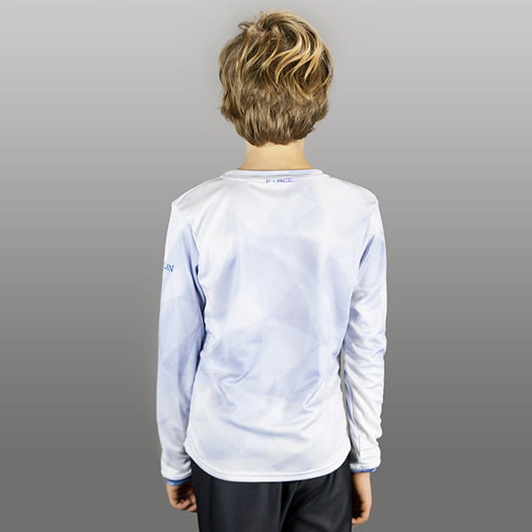 back of kid wearing a white sport jersey with long sleeves