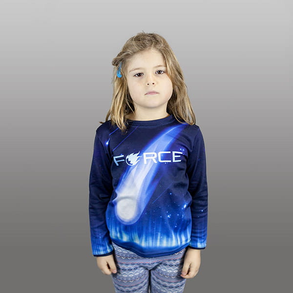 kid wearing a blue force sublimated jersey with long sleeves