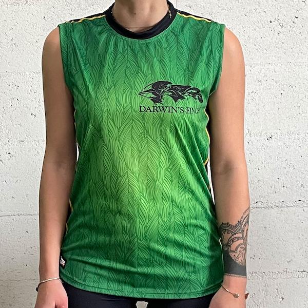 thumbnail torso of a woman wearing a green fitted sleeveless sport jersey