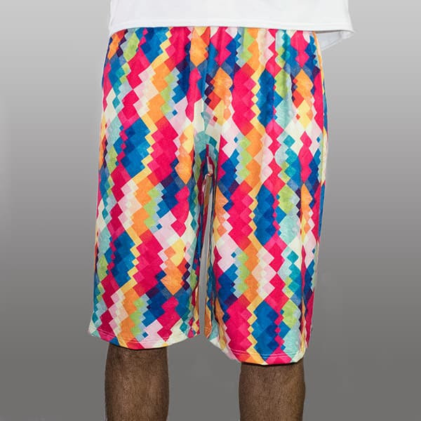 front view of man legs wearing long colorful shorts