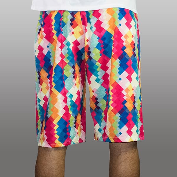 rear view of man legs wearing long colorful shorts
