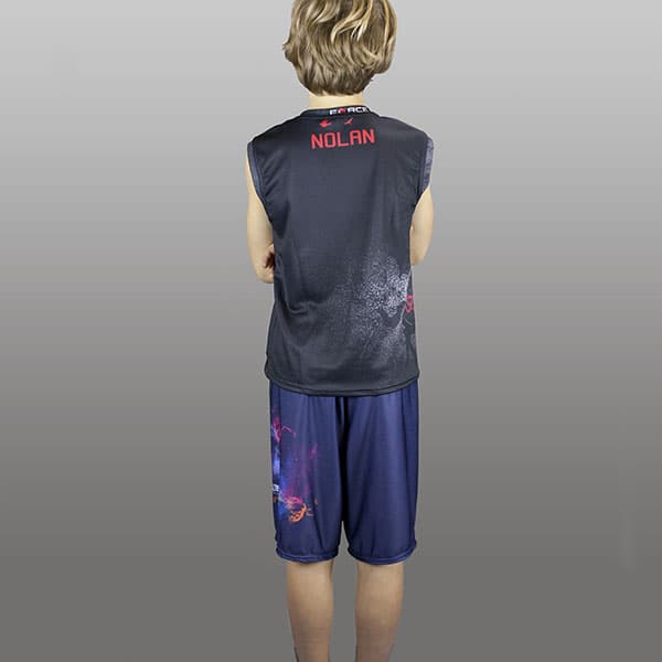 rear view of kid wearing long galaxy shorts and black singlet