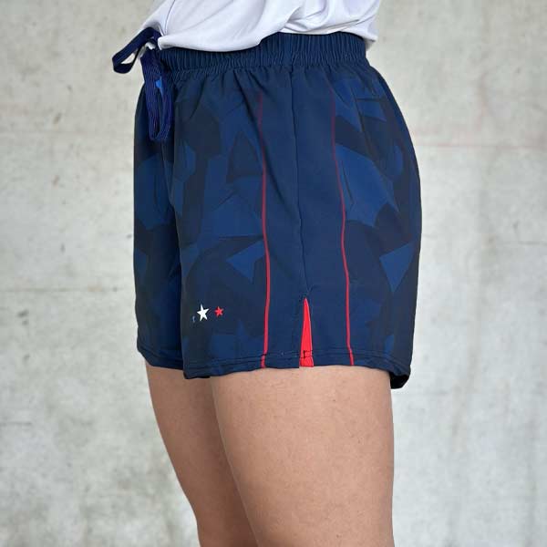 side view of woman legs wearing blue shorts