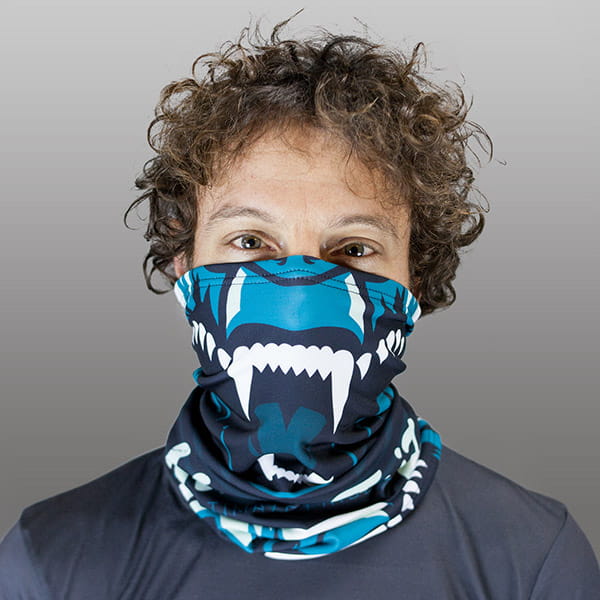 man hiding his face with a blue bear bandana