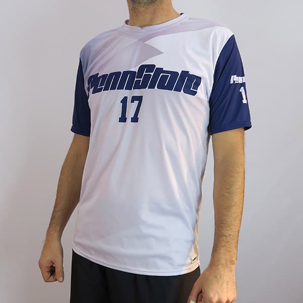 torso of man wearing a white and blue volleyball jersey